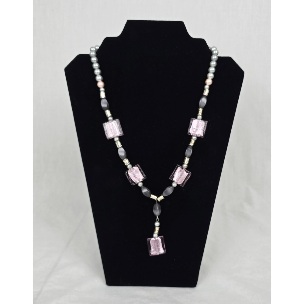 Beaded Stone & Glass 26" Necklace Pink & Gray Tones